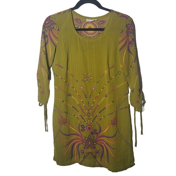 eShakti Womens Green Sheer Abstract Quarter Sleeve Blouse Size XS Boho Lagenlook - Picture 1 of 9